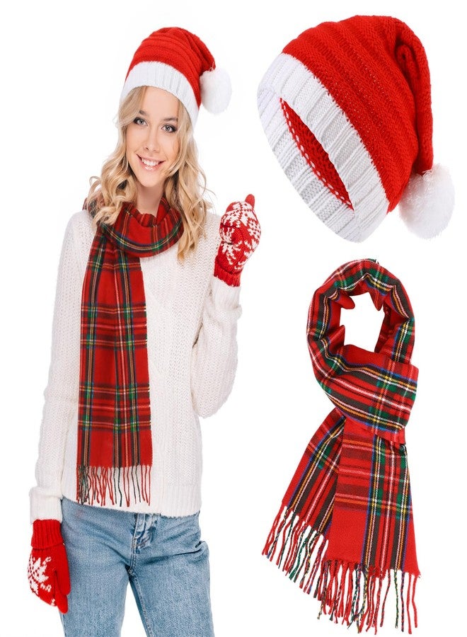 Glitopper 2 Pcs Christmas Santa Hat and Scarf Set Red Black Buffalo Plaid Scarf Santa Hat with Poms for Women Gifts Winter(Red and Green Checkered) - Image 1